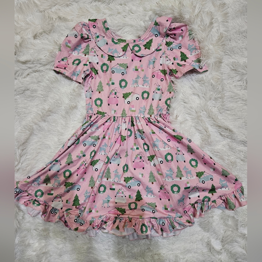 Pink Winter Little Stocking Co Twirl Dress with Festive Print 8